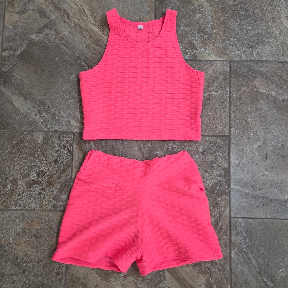 Berlous Collection Neon Pink Honeycomb Textured Crop Top and Shorts Set XS